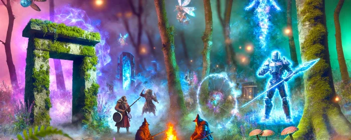 Conceptual Blending in Fiction: This surreal scene illustrates how fiction is crafted from existing ideas. Like the glowing forest, ancient portal, adventurers, robot, and floating castle, authors combine timeless concepts into new narratives, demonstrating the "Idea of Ideas" that all fiction stems from blending real elements.